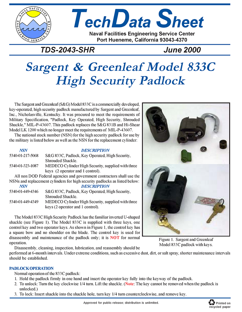 Sargent & Greenleaf 833C High Security Military Padlock Operator