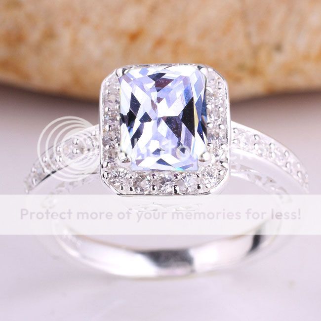 6x8 Oblong Center Stone Women Engagement Ring Real .925 Sterling Silver ...