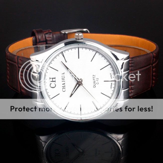 Large Slim Case White Dial Leather Watch Quartz Movt Cool Gift  