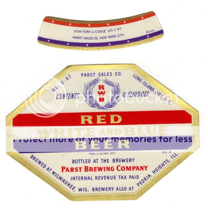 Pabst Blue Ribbon Beer Red White Blue IRTP Label 1940s  