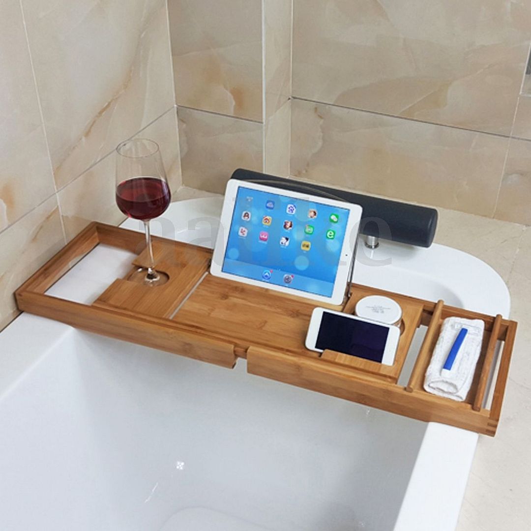 Expandable Bamboo Bath Caddy Wine Glass Holder Tray Over Bathtub Rack